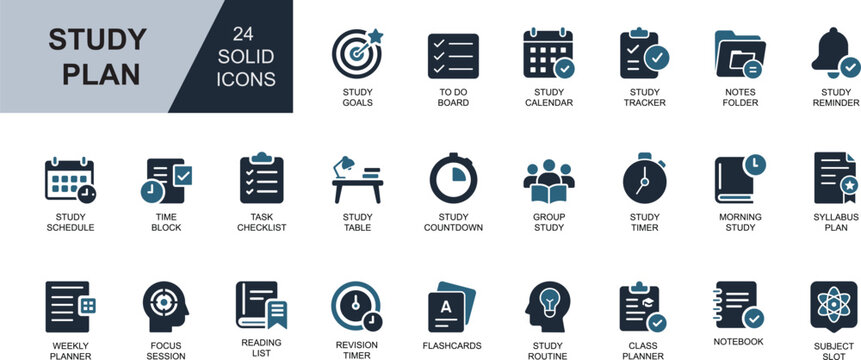 Study plan solid icon set. Featuring schedule, planner, goals, focus, timer, checklist, and revision tools. Perfect for apps, student dashboards, and productivity templates.