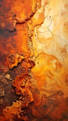 Abstract aerial view showcases deep orange/yellow land masses, textural details resembling desert and canyons