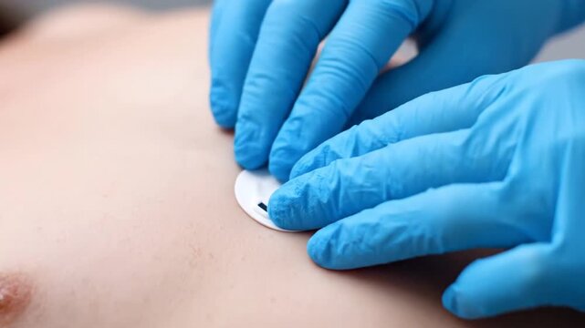 A medical technician applies a white cardiac monitoring electrode patch onto a patient's bare chest. The patch is carefully prepared and pressed into place by gloved hands for vital sign monitoring.
