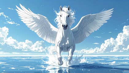A white pegasus emerging from shimmering blue water against a cloudy sky, wings spread wide in majestic flight