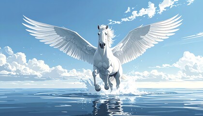 A white pegasus gallops through blue water with open wings under a partly cloudy, bright blue sky