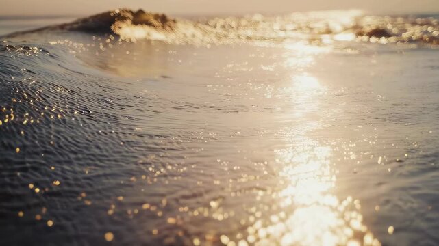 Gentle wave crest catching soft golden sunset light, creating bokeh