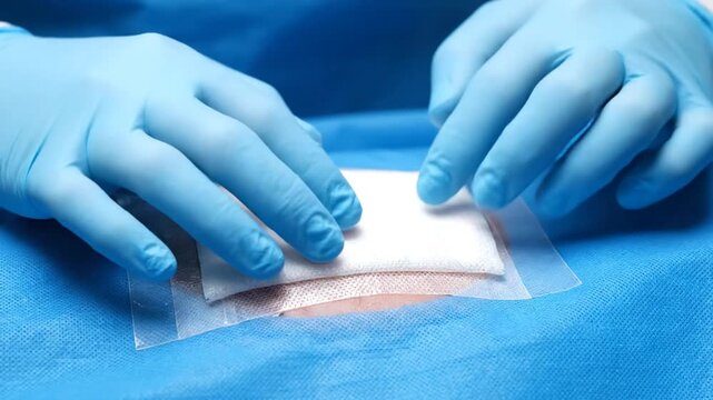A medical professional in blue gloves applies and secures a large sterile adhesive dressing over a gauze pad on a patient's torso, draped in blue surgical cloth, demonstrating post-operative wound ca
