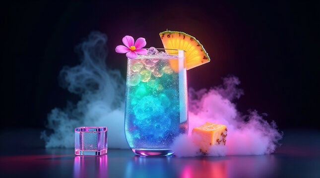 Vibrant neon blue tropical cocktail with pineapple wedge and pink flower garnish on smoky dark background