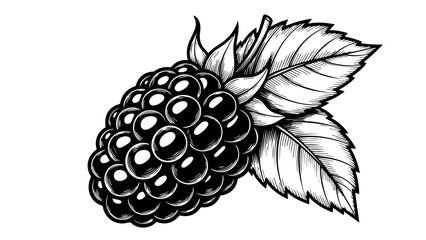 High-contrast black-and-white illustration of a detailed blackberry cluster with leaves