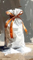 A white sack with a golden ribbon sitting on a surface with scattered powdery substance. Digital art
