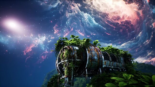 Rusty metal structure overgrown with plants in a vibrant, colorful nebula sky