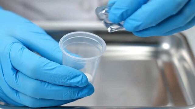 A gloved healthcare worker carefully pushes a single tablet from a blister pack into a disposable medication cup on a sterile metal surface, preparing the dose.