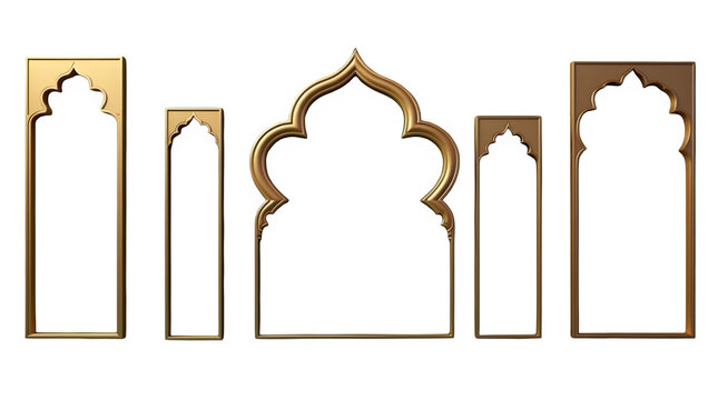 Elegant collection of golden Islamic windows and mosque-style arches, featuring Moroccan gate silhouettes and decorative Ramadan frames in a classic oriental aesthetic.