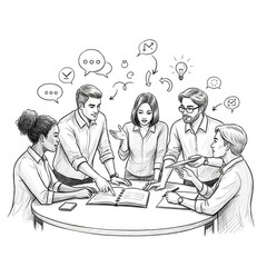 Diverse Business Team Collaboration Brainstorming Ideas Creative Meeting Sketch Illustration