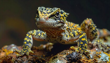 A spiky-headed lizard poses on a branch. Patterned with black, yellow, and orange details and striking eyes