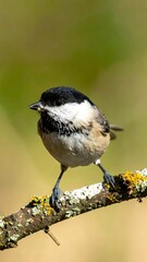 Obraz premium A small bird sits perched on a lichen-covered branch, looking to the left against a soft, blurry green background