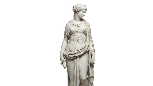 Isolated classical marble statue depicting ancient Greek Roman woman in robe holding scroll