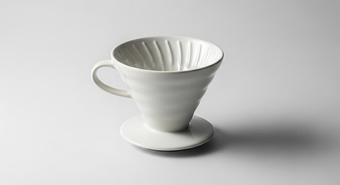 Clean white ceramic coffee pour-over dripper and saucer set, ready for a meticulous brewing process, captured on a bright, minimalist background