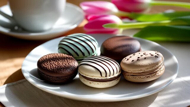 Delicious macarons served on a plate next to flowers and a cup of coffee