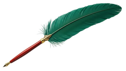 Isolated green feather pen, historic calligraphy quill for ink writing, illustration design © Ophelia