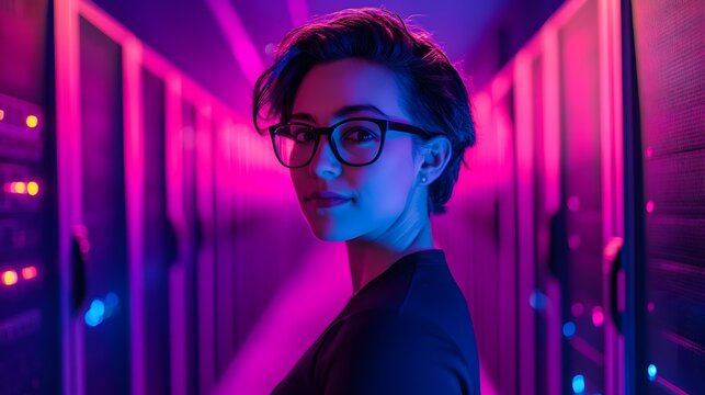 Portrait of a non binary tech leader in a neon lit server room