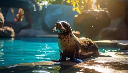 A spotted seal basks in sun near a pool, looking up with bright fur and whiskers in a zoo-like habitat
