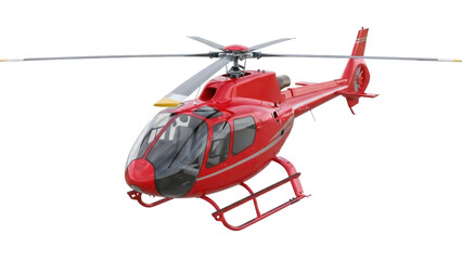 Isolated red helicopter with rotating blades shown from an eye-level perspective view © Ophelia