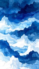 Abstract art, layers of swirling blues and whites mimic waves or mountains with subtle gold flecks accenting the texture