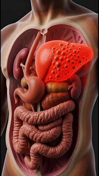 Human torso showing internal organs with diseased liver, 3d medical illustration