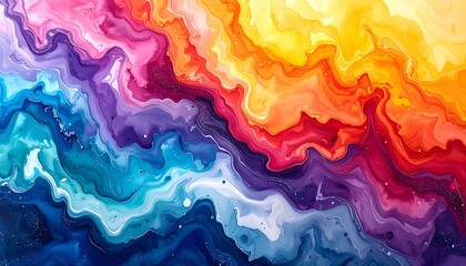 Abstract art piece features colorful, swirling patterns reminiscent of watercolor. Colors blend from blue to yellow