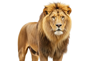 Obraz premium Isolated Lion looking at camera standing alert with impressive mane and fur animal themes