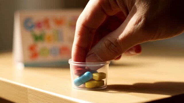 A person's hand meticulously places and then removes brightly colored prescription pills from a small clear cup sitting on a wooden nightstand. A blurred "Get Well Soon" card suggests recovery and il