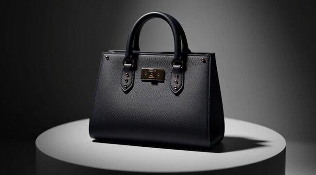 Luxurious black leather handbag with exquisite details and a refined metallic clasp, elegantly presented on a spotlighted pedestal, highlighting its sophisticated design and premium appeal