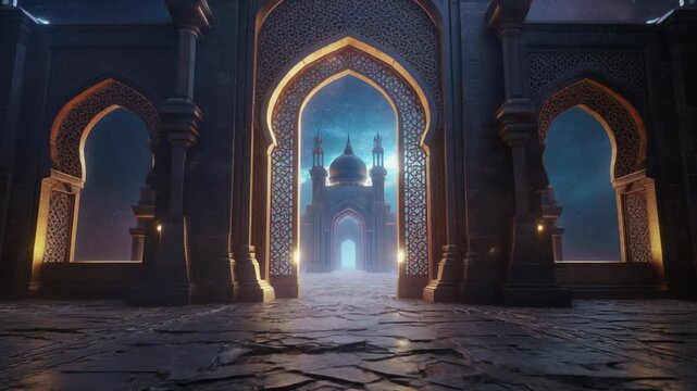 A majestic Middle Eastern courtyard at night with arches and glowing lights