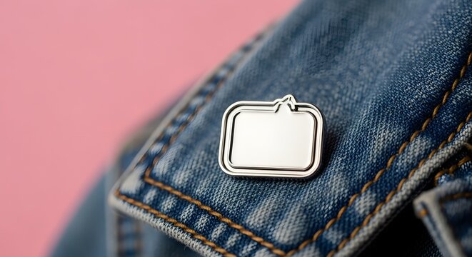 Blank rectangular speech bubble enamel pin mockup showcasing a metallic silver outline attached securely onto the textured blue denim fabric of a jacket or vest against a soft pink backdrop for advert