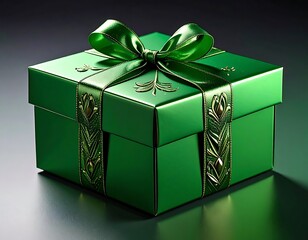 A square, glossy, green gift box with a satin ribbon and decorative gold leaf patterns sits on a reflective surface