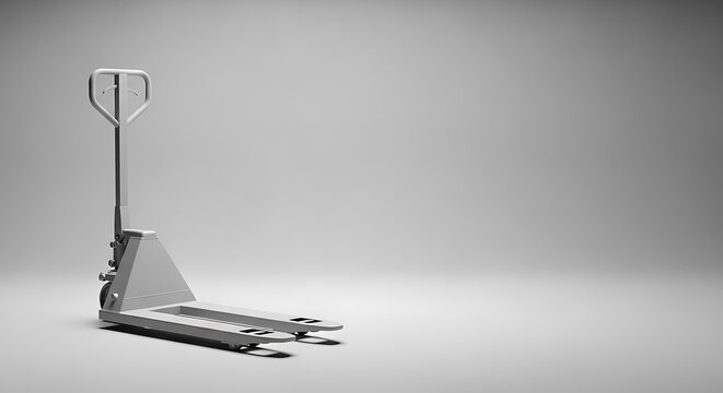 Modern 3D render of a grey industrial pallet jack on a clean studio background, symbolizing efficient warehouse logistics and material handling operations