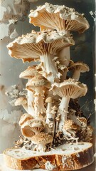 A stack of mushrooms on a slice of bread, artistic composition, organic form, and neutral color palette