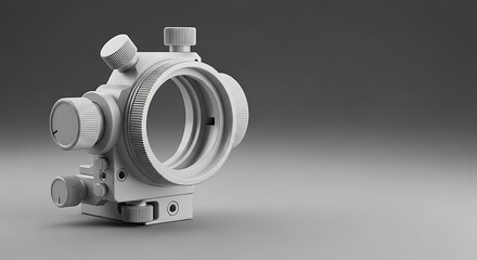 High-detail monochrome 3D render of a precision optical device component, showcasing advanced mechanical engineering and futuristic technical design on a minimalist grey background