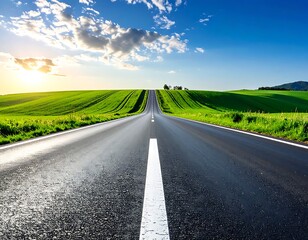 A winding asphalt road leads into the distance, flanked by vibrant green fields under a bright blue sky with clouds