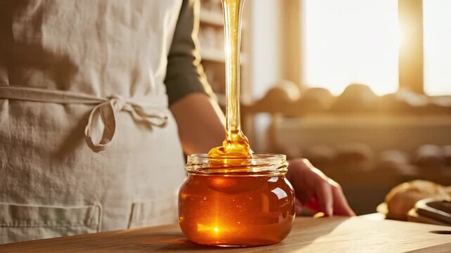 Person drips honey from dipper into jar on kitchen table. Golden honey flows from wooden dipper into glass jar. Sunlight illuminates honey dripping. Kitchen honey jar with dipper pouring.