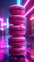 A stack of pink macarons against a neon city backdrop, rain glistening on the wet surface adding a dreamlike quality