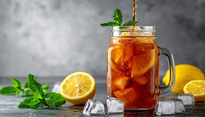 Iced tea flowing into mason jar, lemons are in it, ice cubes are melting, all of it shows feeling of refreshment and relaxation sweet