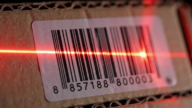 Bright laser beams illuminate the barcodes on packages in a busy warehouse, showcasing precision and speed in scanning during late evening hours.