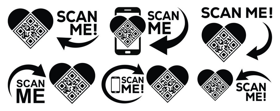Collection of heart-shaped QR code icons with "Scan Me" text and arrow pointers. Black and white vector set for social media, romantic marketing, donations, and mobile links on a white background.