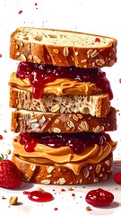 A stacked peanut butter and jelly sandwich with bread showing oat flakes, with a strawberry and red splatters