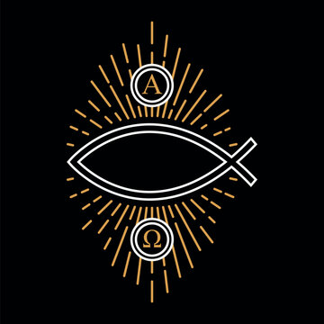Illustration of Jesus Fish Christian Symbol Ichthys radiating rays of light. Vector Line Art Easy to Change Colors. Concept of Jesus Christ, Religion, God, Faith, Bible.