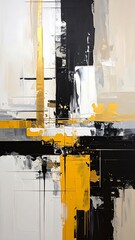 Abstract art with vertical and horizontal brushstrokes in black, gold, white, and beige, creating geometric forms