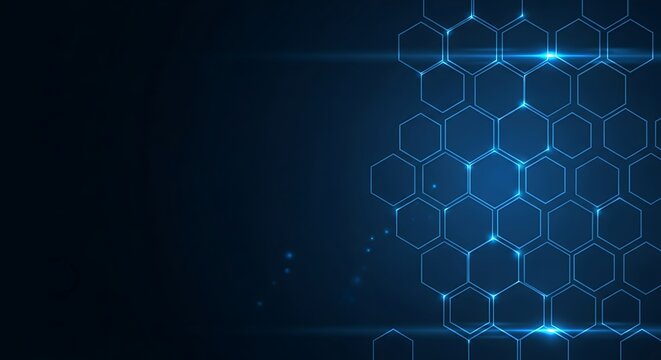 Abstract hexagonal grid pattern with blue light streaks on dark background