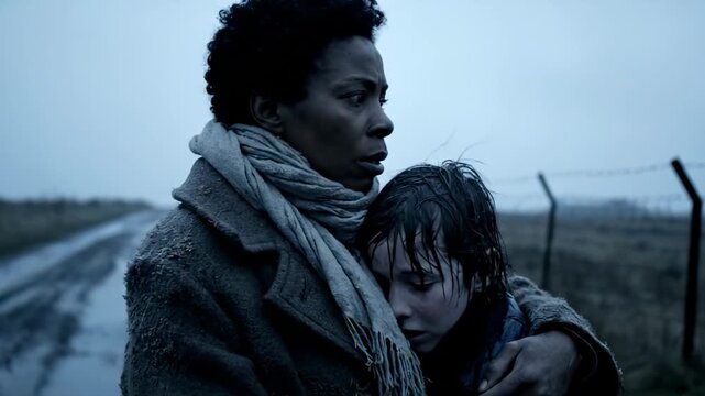 Woman holds child in embrace on wet road. Rain wets coat and scarf. Fence parallels muddy road in rural area. Damp clothing and close contact indicate sheltering gesture between woman and child.
