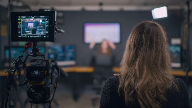 Teacher positioned midframe in sharp focus with soft background of streaming equipment and digital whiteboard in virtual classroom studio.