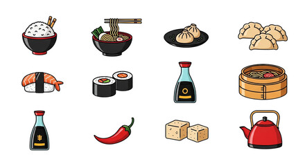 Asian Food Icons Sushi Ramen Dumplings Ingredients