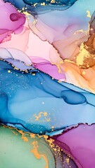Abstract artwork featuring blended pinks, blues, greens, and golds creating a fluid, swirling, and marbled effect