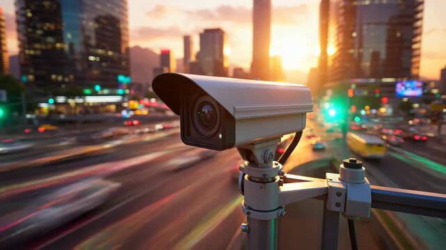 Watching over the city at sunset with a security camera